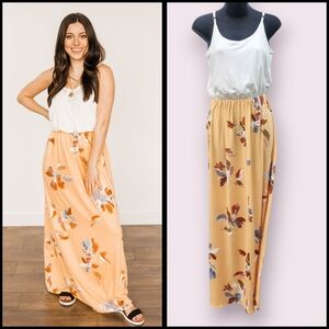 Pulse Boutique Floral Maxi Skirt in Cream and Orange Made In USA